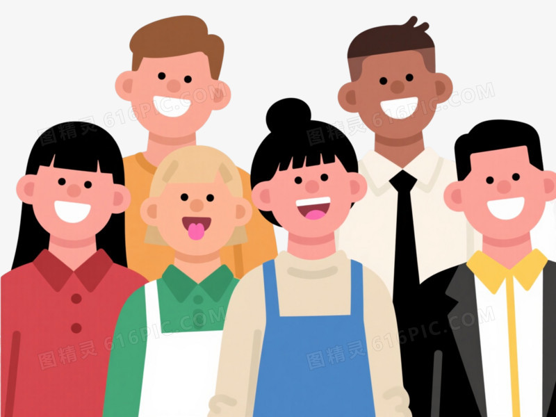 六位扁平微笑人物头像卡通手绘元素