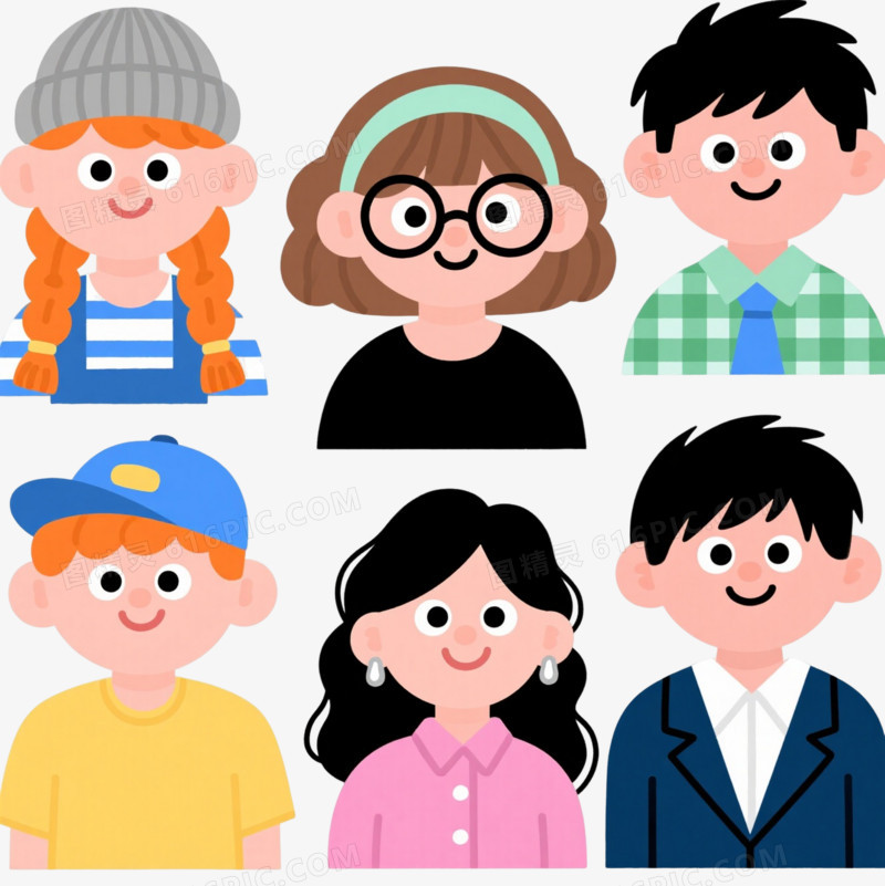 九个扁平插画人物头像卡通手绘元素