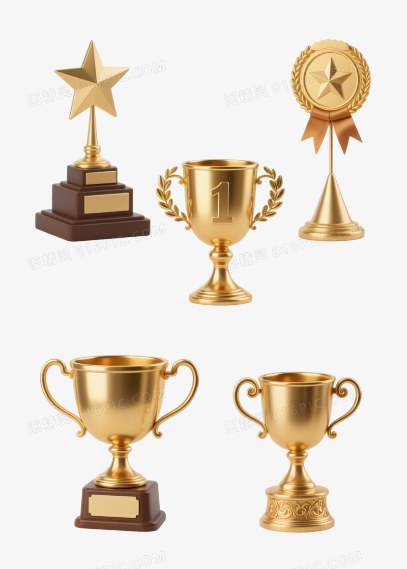 金色奖杯星章3D写实元素