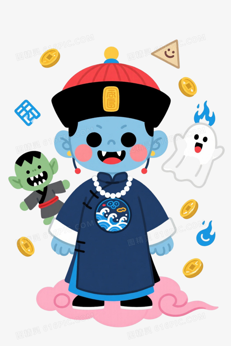 蓝皮僵尸小孩Q版插画漂浮元素