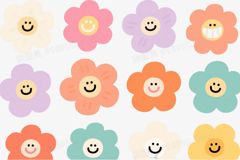多彩笑脸花朵卡通手绘元素