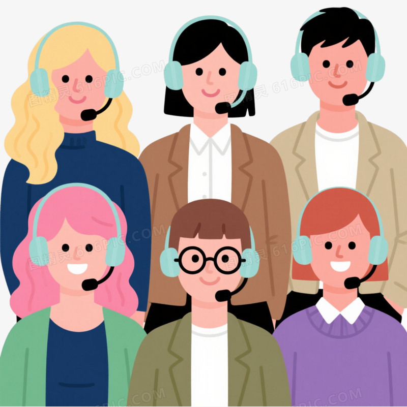 六位客服头像扁平插画元素