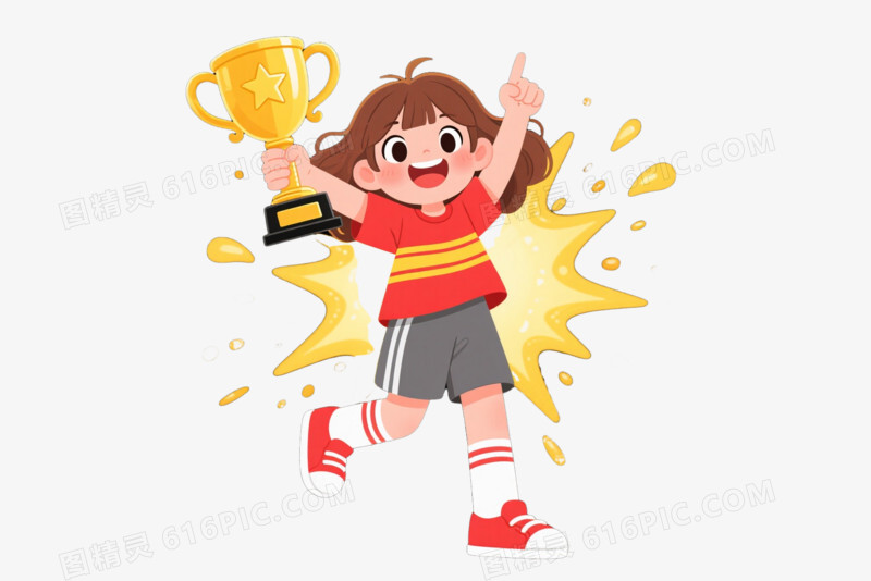 开心女孩举奖杯卡通手绘元素