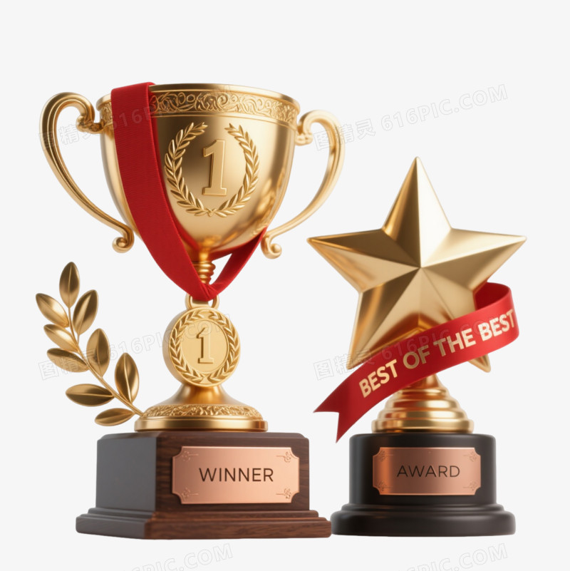 金色双耳奖杯3D写实元素