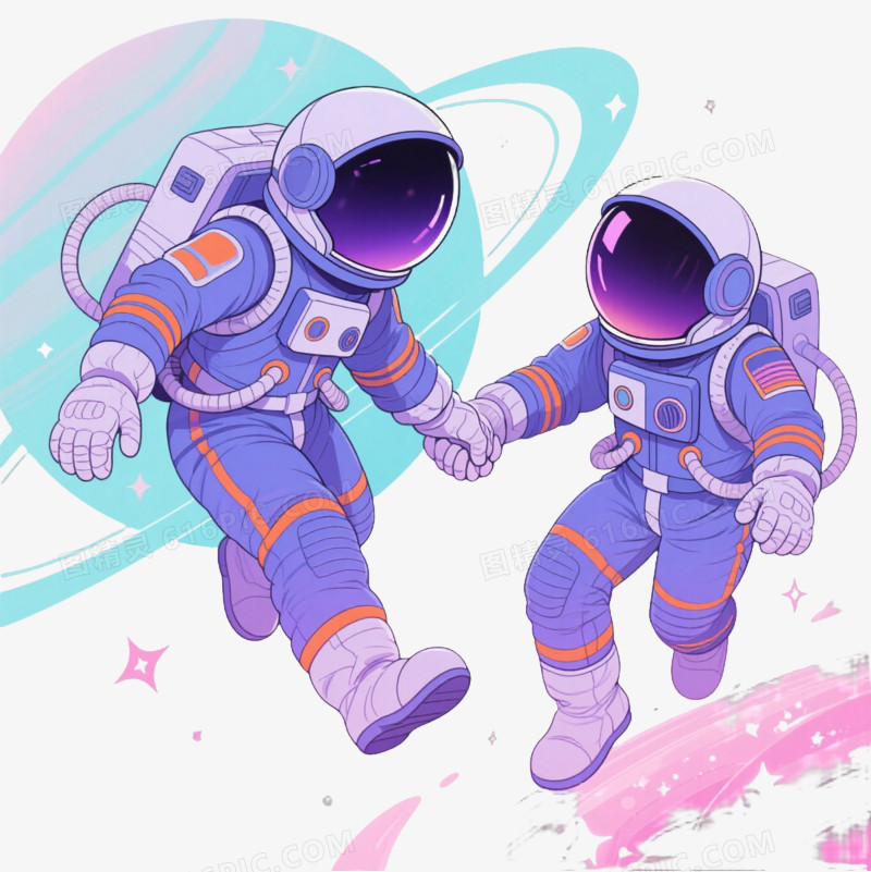 蓝紫宇航员牵手漂浮元素