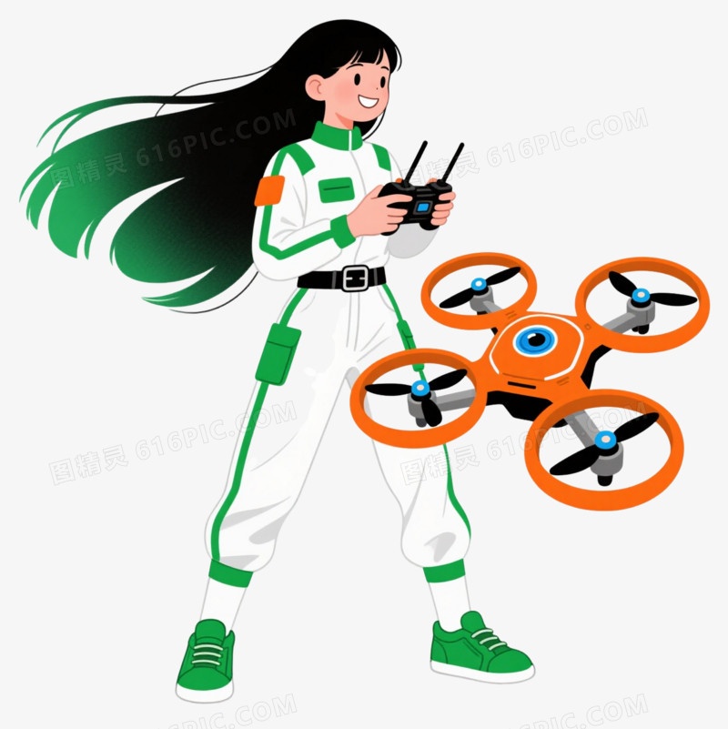 白绿飞行服少女扁平插画元素