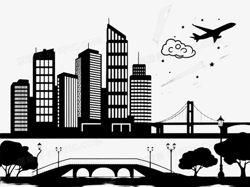 黑白高对比城市天际线漂浮元素