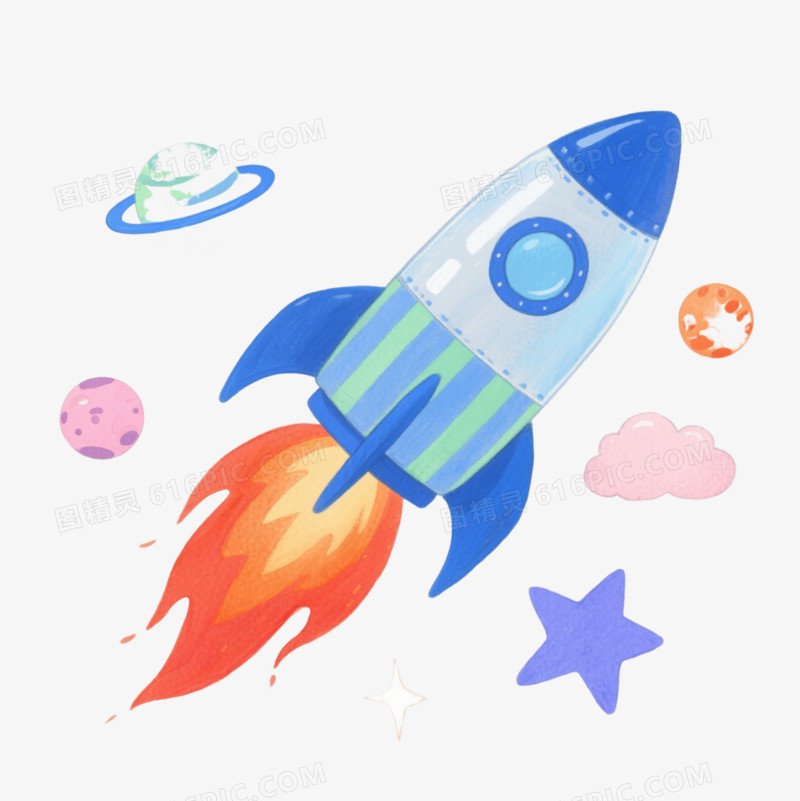 蓝水彩火箭漂浮元素