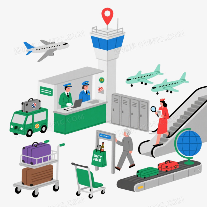机场场景扁平线性插画元素
