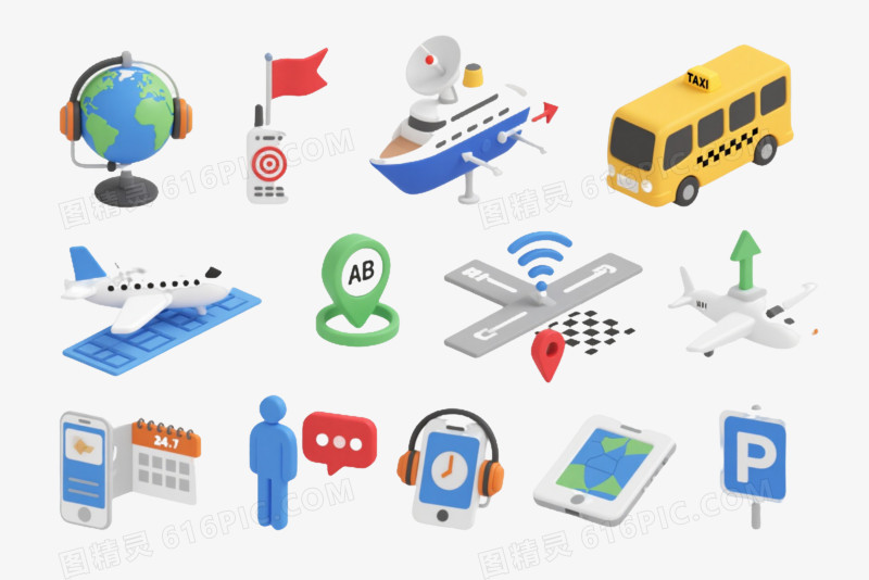 扁平3D等距交通通讯图标元素