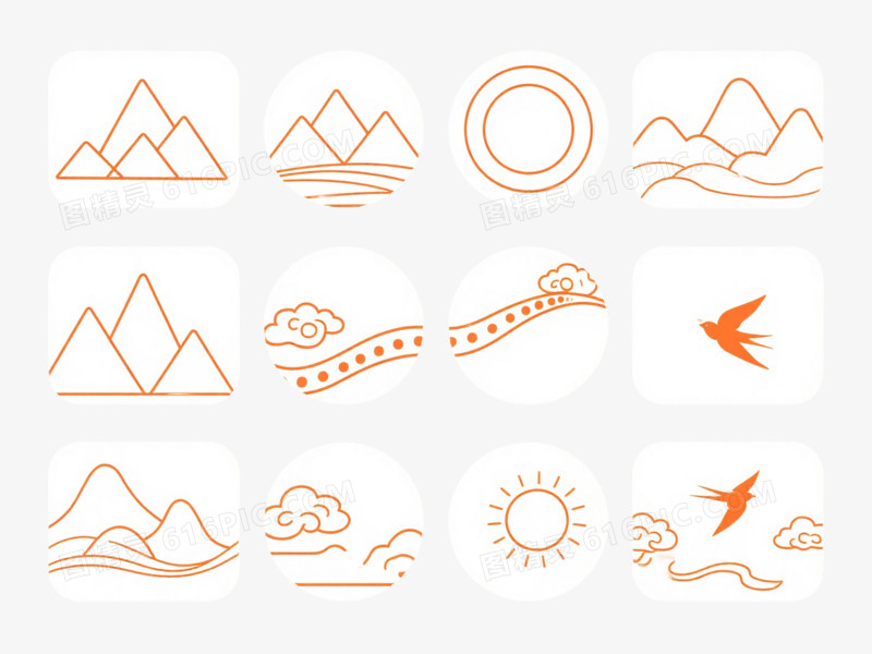 橙色线描山水云纹装饰图案
