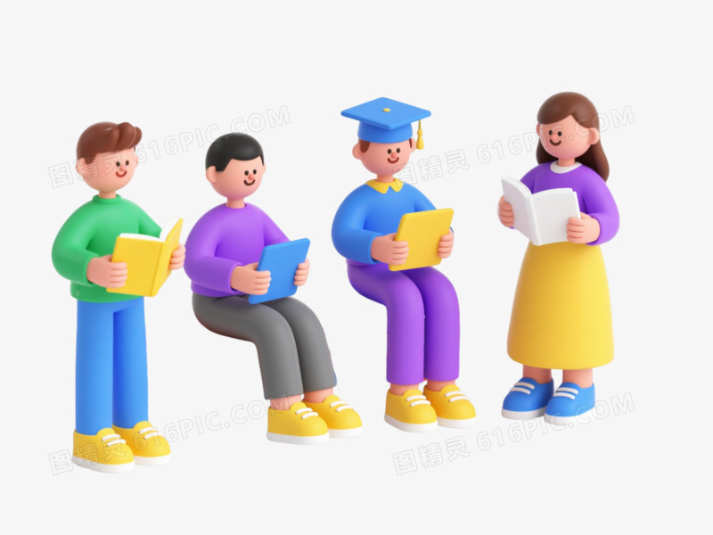 四卡通学生学习场景3D插画元素