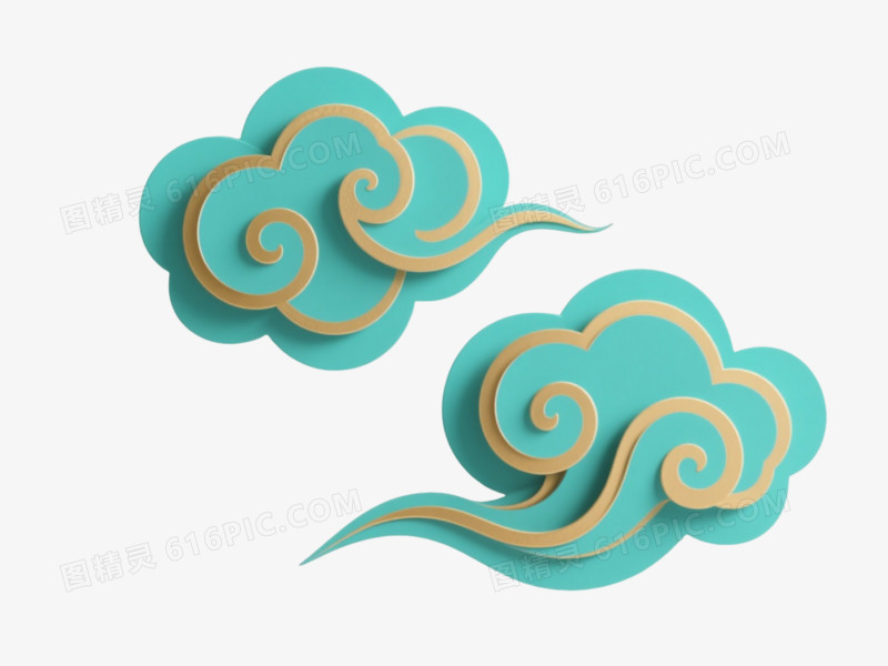 青绿祥云金色描边漂浮元素