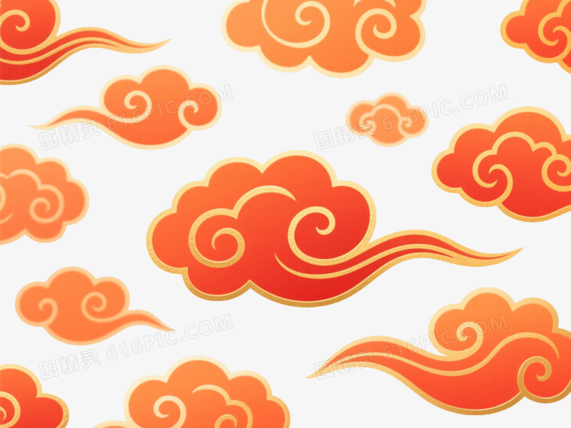 橙红祥云金色描边漂浮元素
