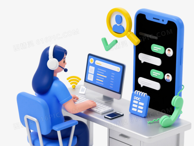 蓝衣客服等距投影风格元素