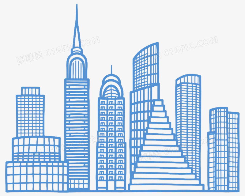 蓝色线稿城市天际线矢量元素