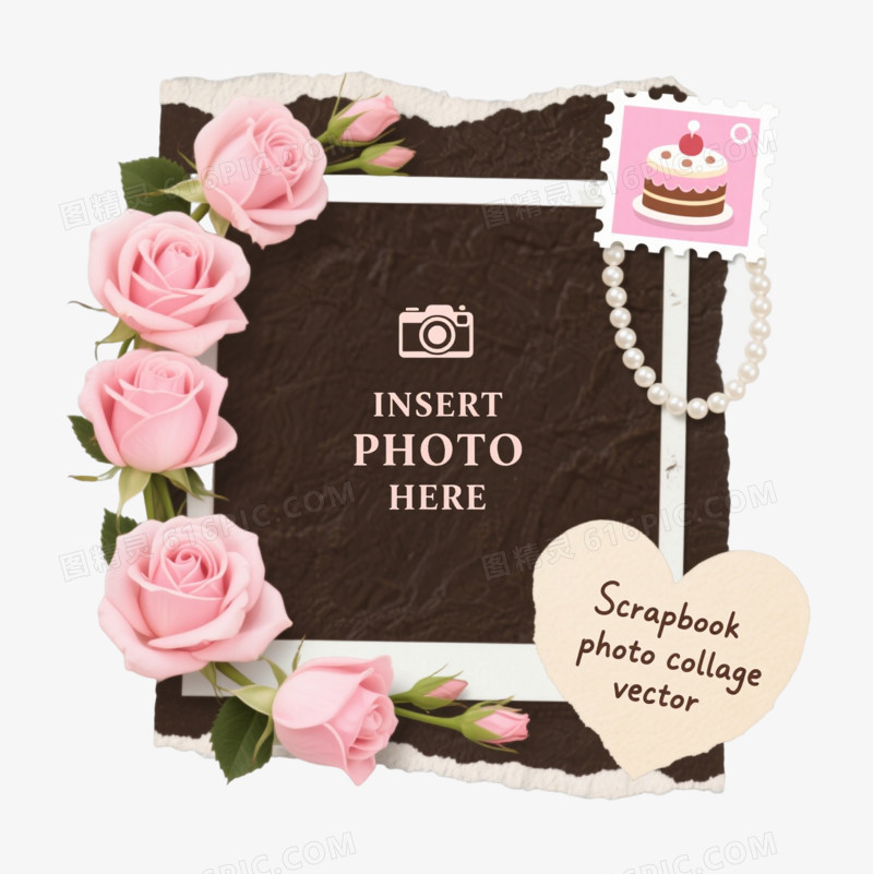 粉色玫瑰撕纸边相框装饰图案