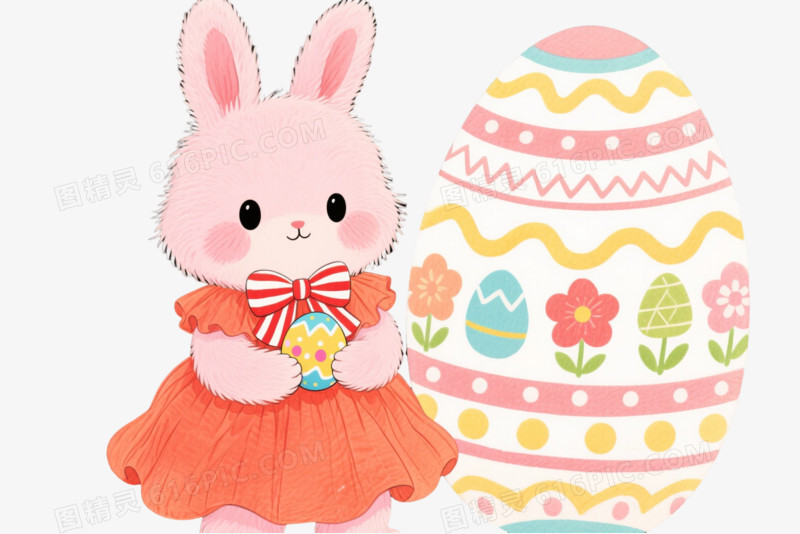 粉色兔子捧蛋卡通手绘元素