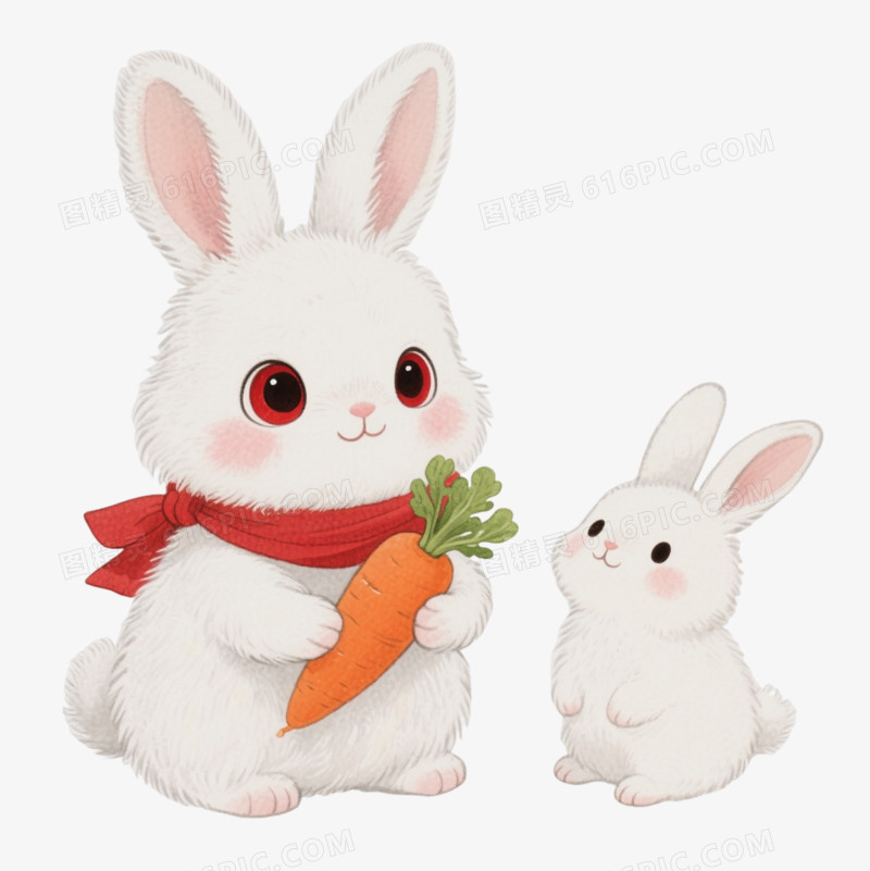 蓬松白兔卡通手绘元素