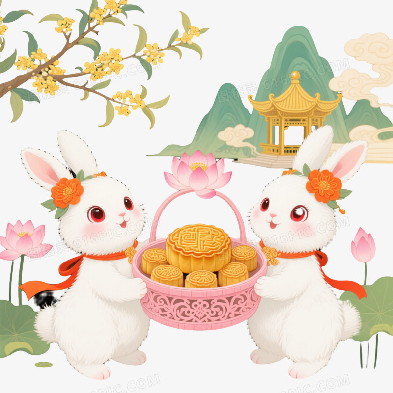白玉兔托月饼中国风插画元素