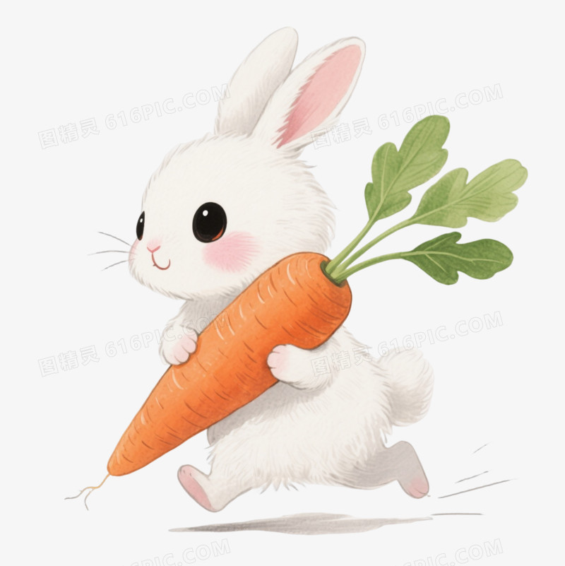 水彩白兔抱胡萝卜卡通手绘元素