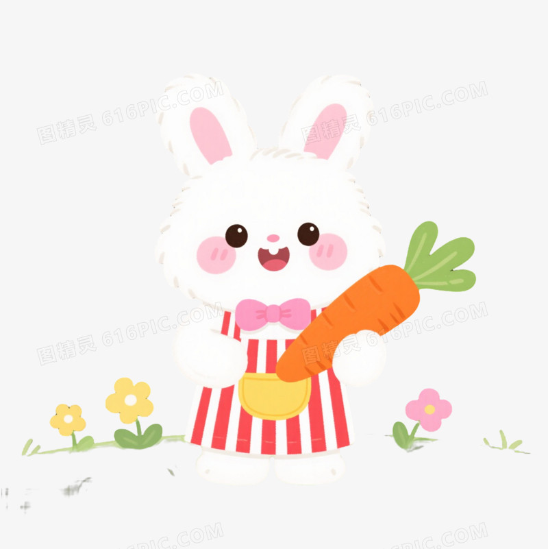 白兔围裙抱胡萝卜卡通手绘元素