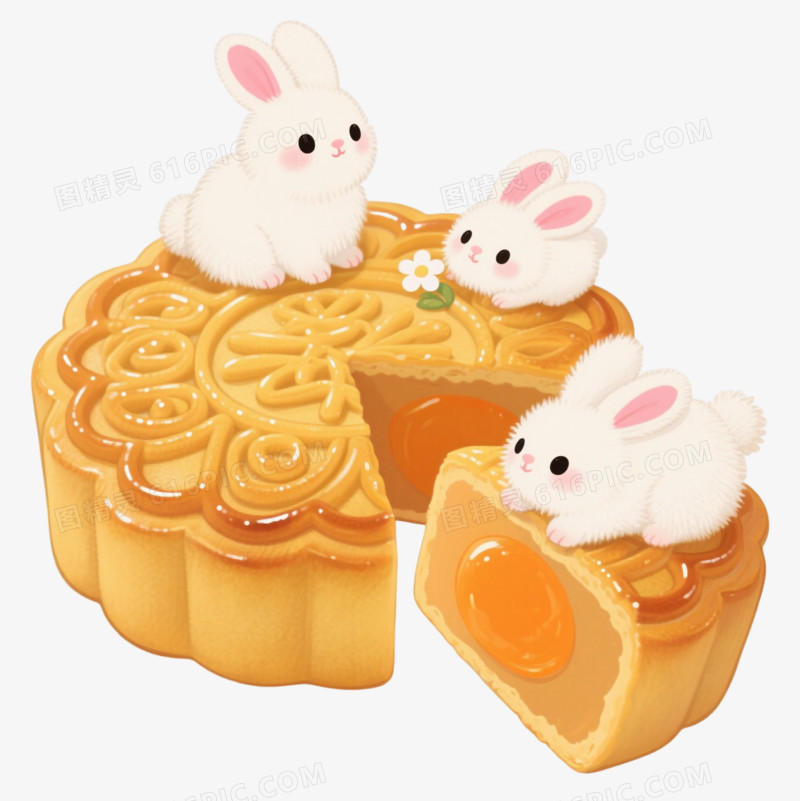 金黄月饼小白兔卡通手绘元素
