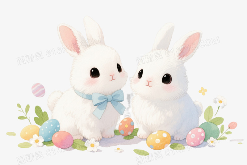 水彩风白兔复活节元素