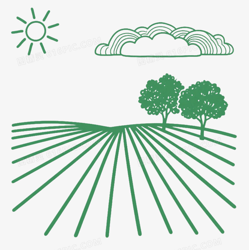 绿色线稿田园风景装饰图案