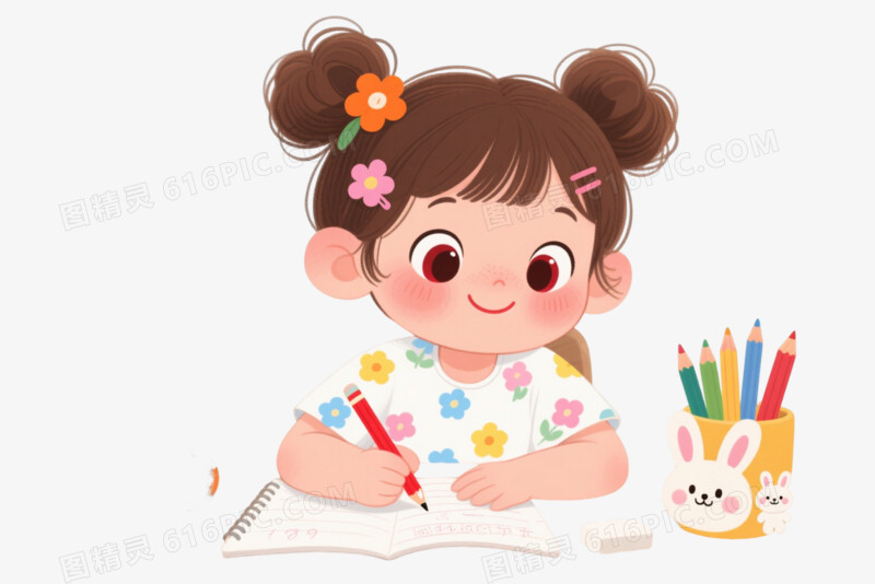 棕发女孩手绘插画卡通手绘元素