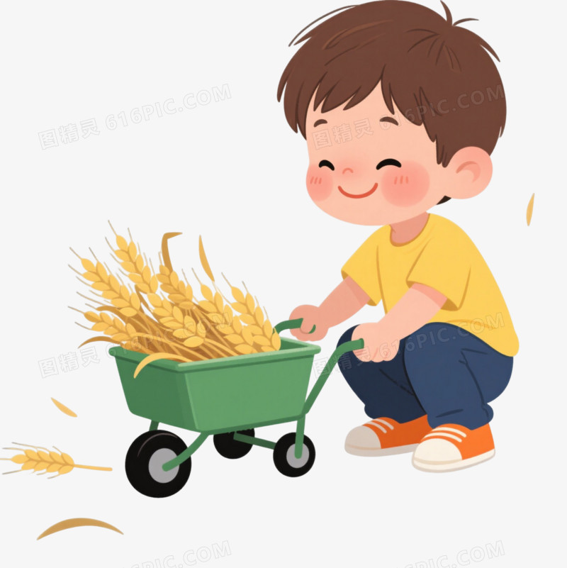 棕发男孩推麦穗小车卡通手绘元素