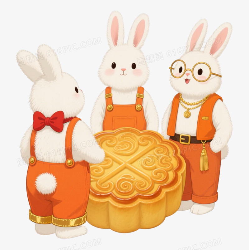 三只白兔围月饼卡通手绘元素