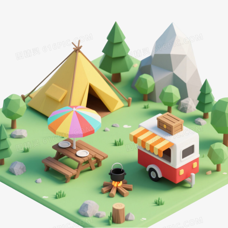 低多边形露营场景漂浮元素