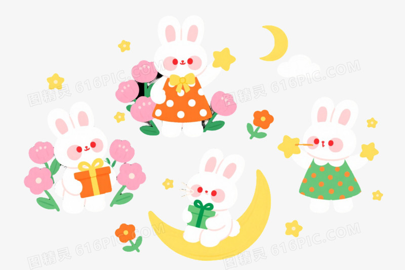 Q版白兔手绘漂浮元素