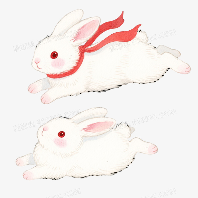蓬松白兔水彩手绘元素