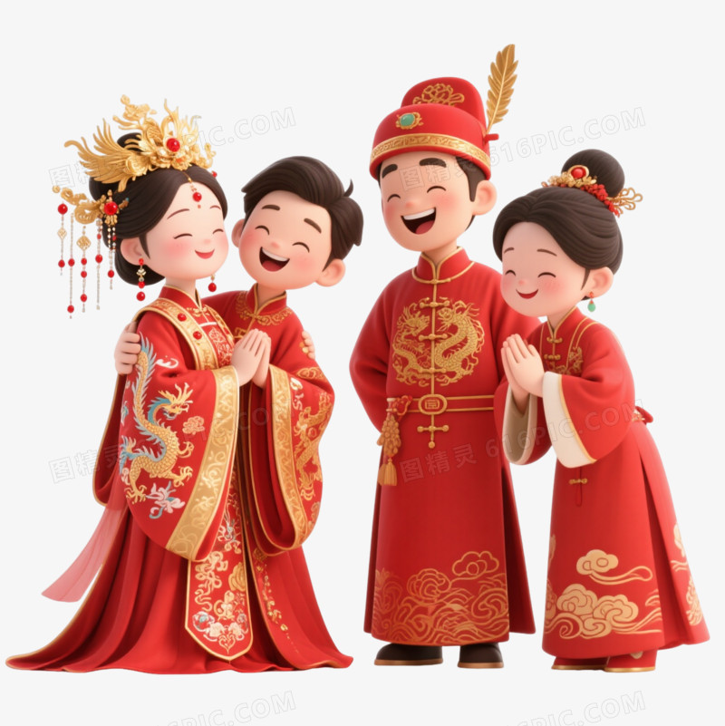 红金Q版中式婚礼情侣卡通手绘元素