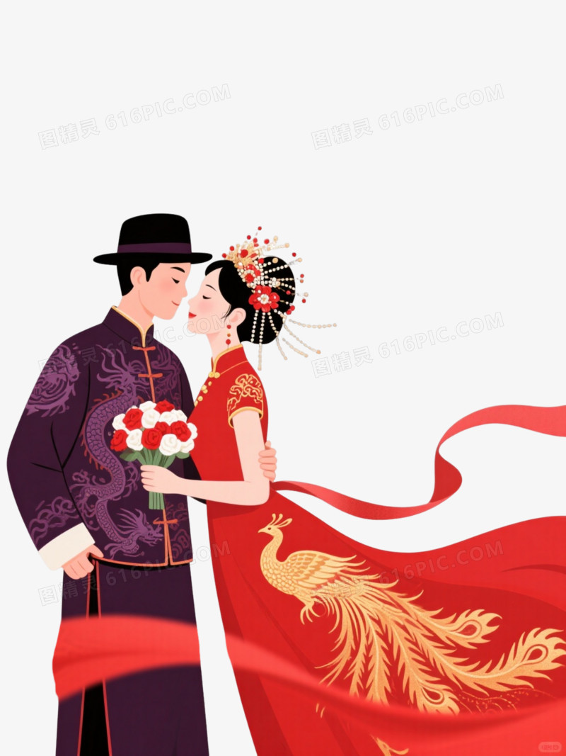 中式婚庆扁平插画节日元素