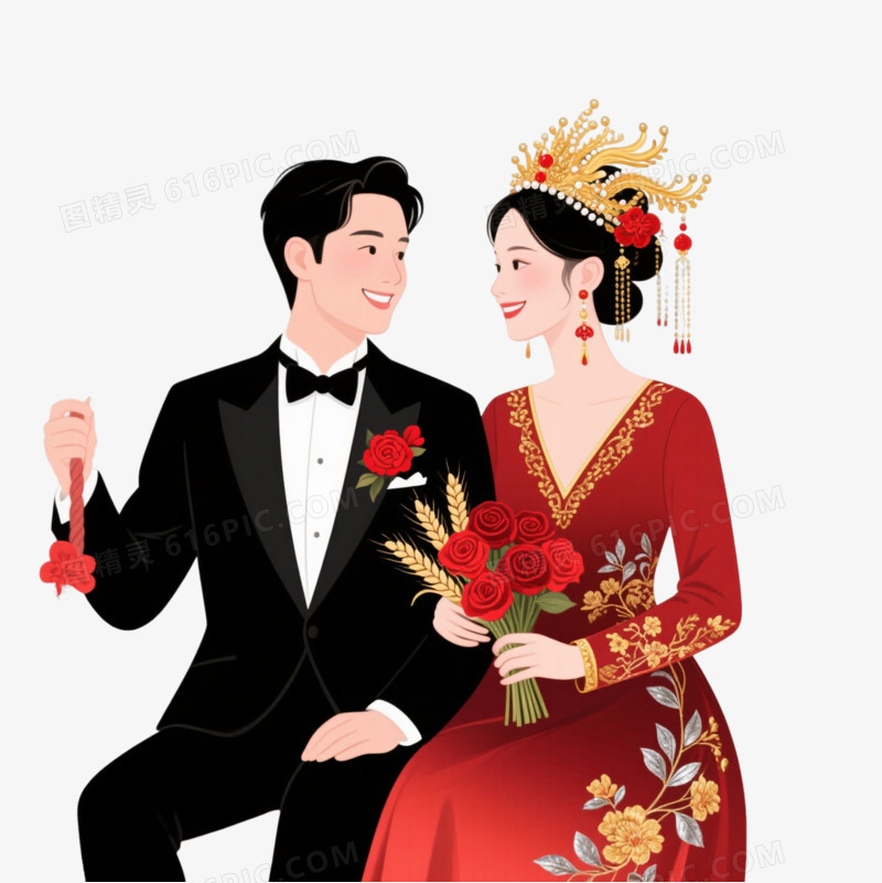 红金婚庆扁平插画元素