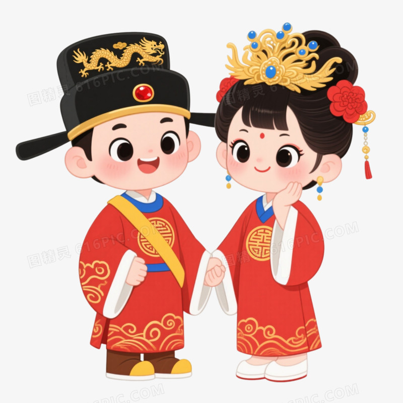 Q版中式婚礼新人卡通手绘元素