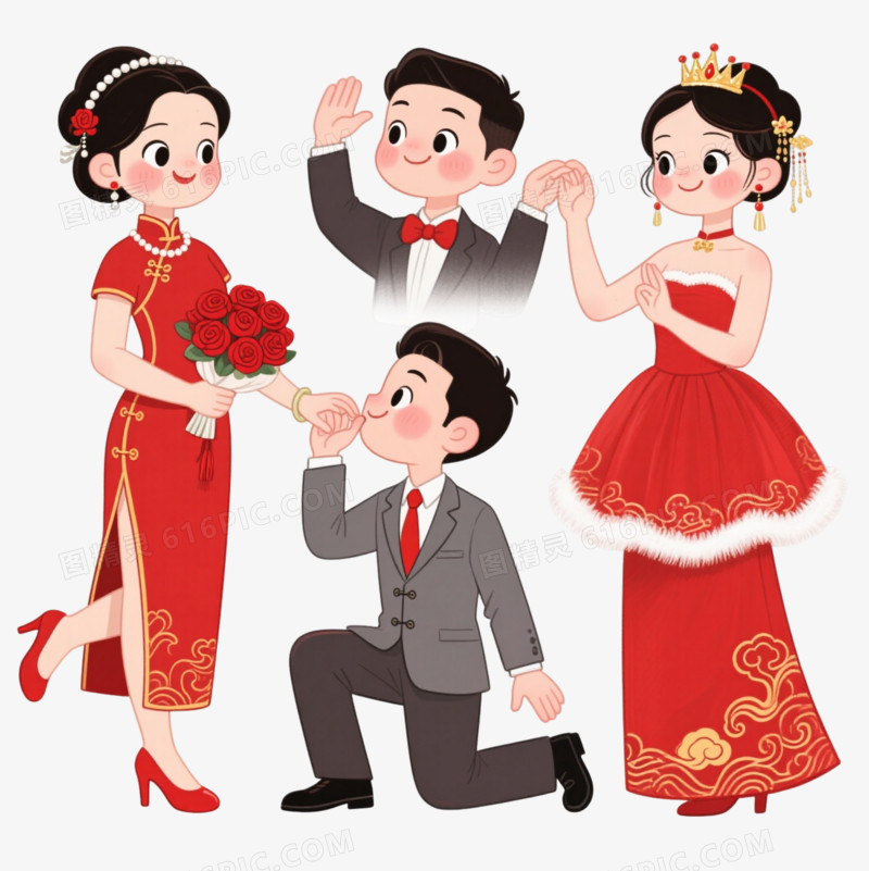 中式婚礼情侣卡通手绘元素