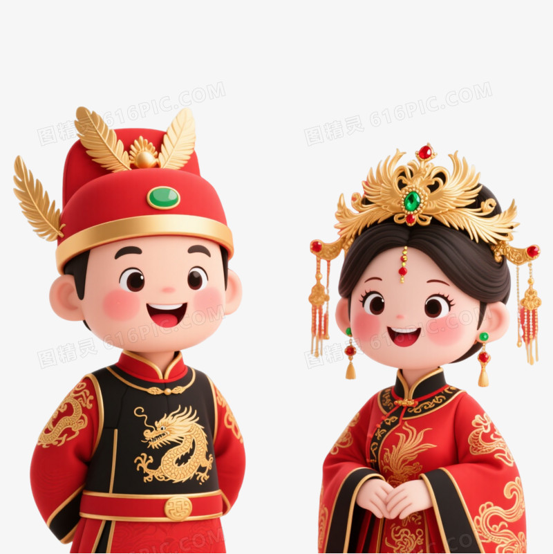 中式婚服新郎新娘卡通手绘元素