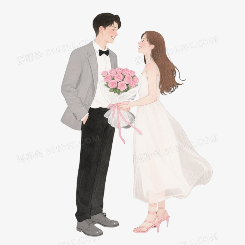 水彩情侣对视卡通手绘元素