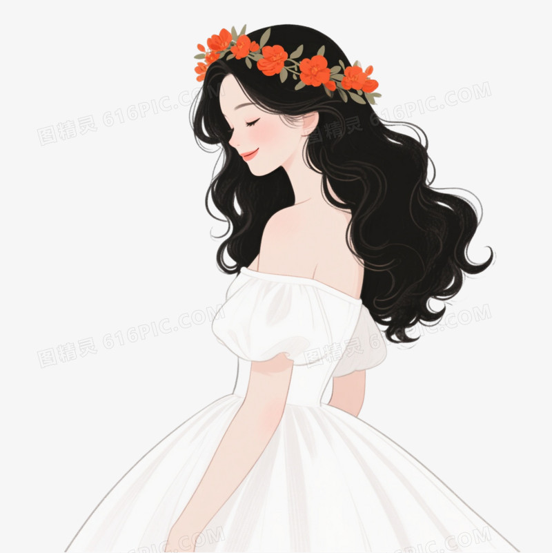 橙红花环新娘卡通手绘元素
