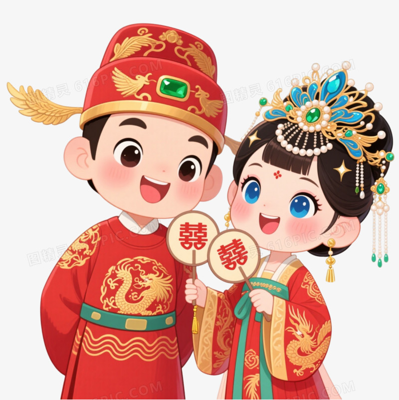Q版中式婚礼新人卡通手绘元素
