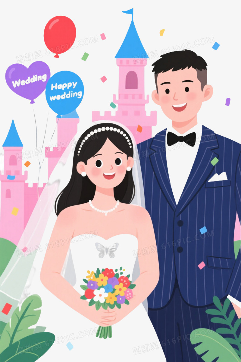 童话婚礼扁平插画元素