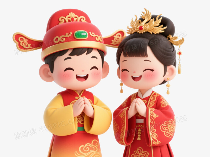 中式婚礼新人卡通手绘元素