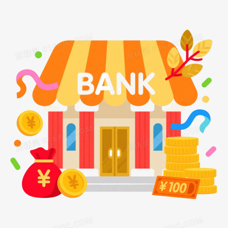 橙黄银行建筑扁平插画元素