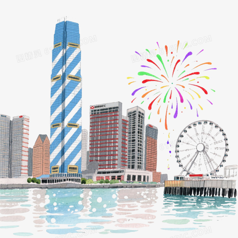 维港天际线手绘插画元素