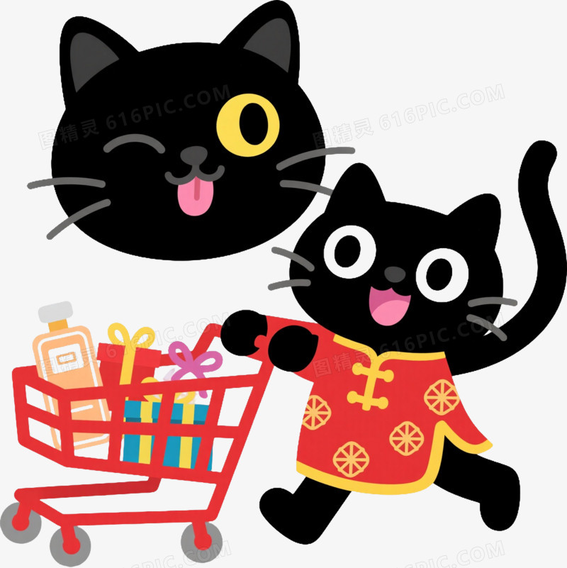 黑猫唐装推车卡通手绘元素