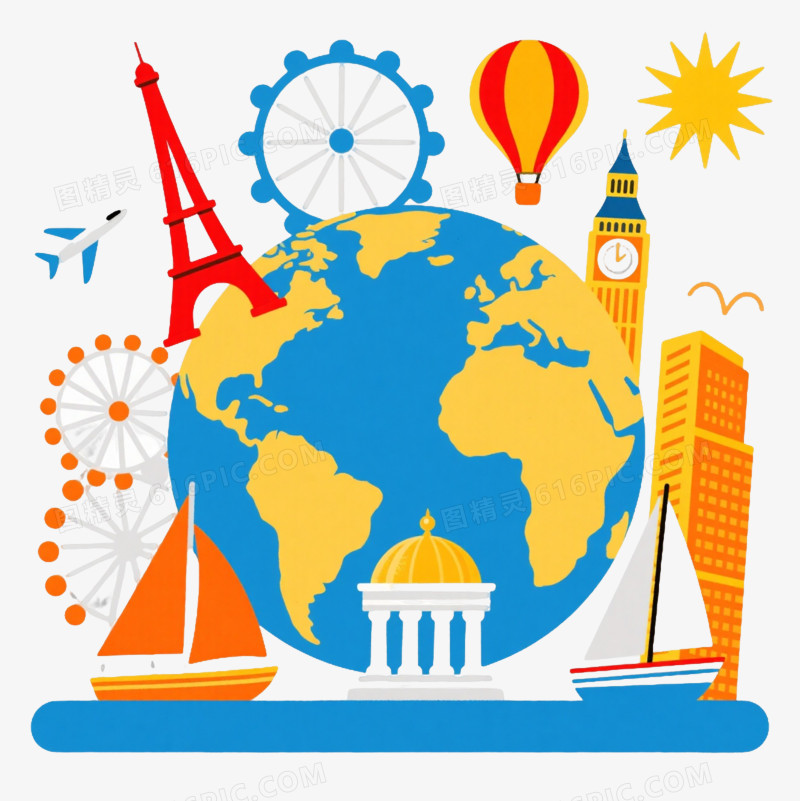 蓝色地球仪环绕地标漂浮元素